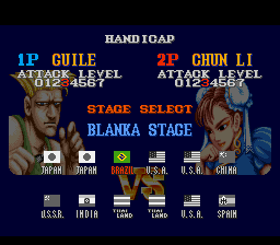 Street Fighter 2: The World Warrior [SNES]. Notice where 2P's cursor is,  that is where Vega's 'spot' is on …