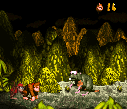 Konkey Kong and Diddy Kong fighting Very Gnawty.